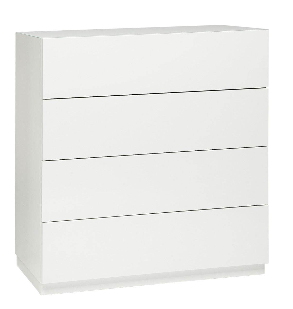 Kuvassa on 92 cm leveä korkeakiiltovalkoinen Lumo-lipasto valkoisella jalkasokkelilla. Sarjan tuotteissa on valkoinen lasikansi.