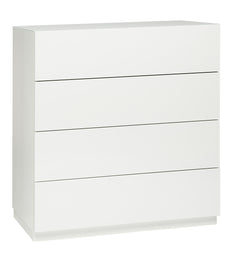 Kuvassa on 92 cm leveä korkeakiiltovalkoinen Lumo-lipasto valkoisella jalkasokkelilla. Sarjan tuotteissa on valkoinen lasikansi.