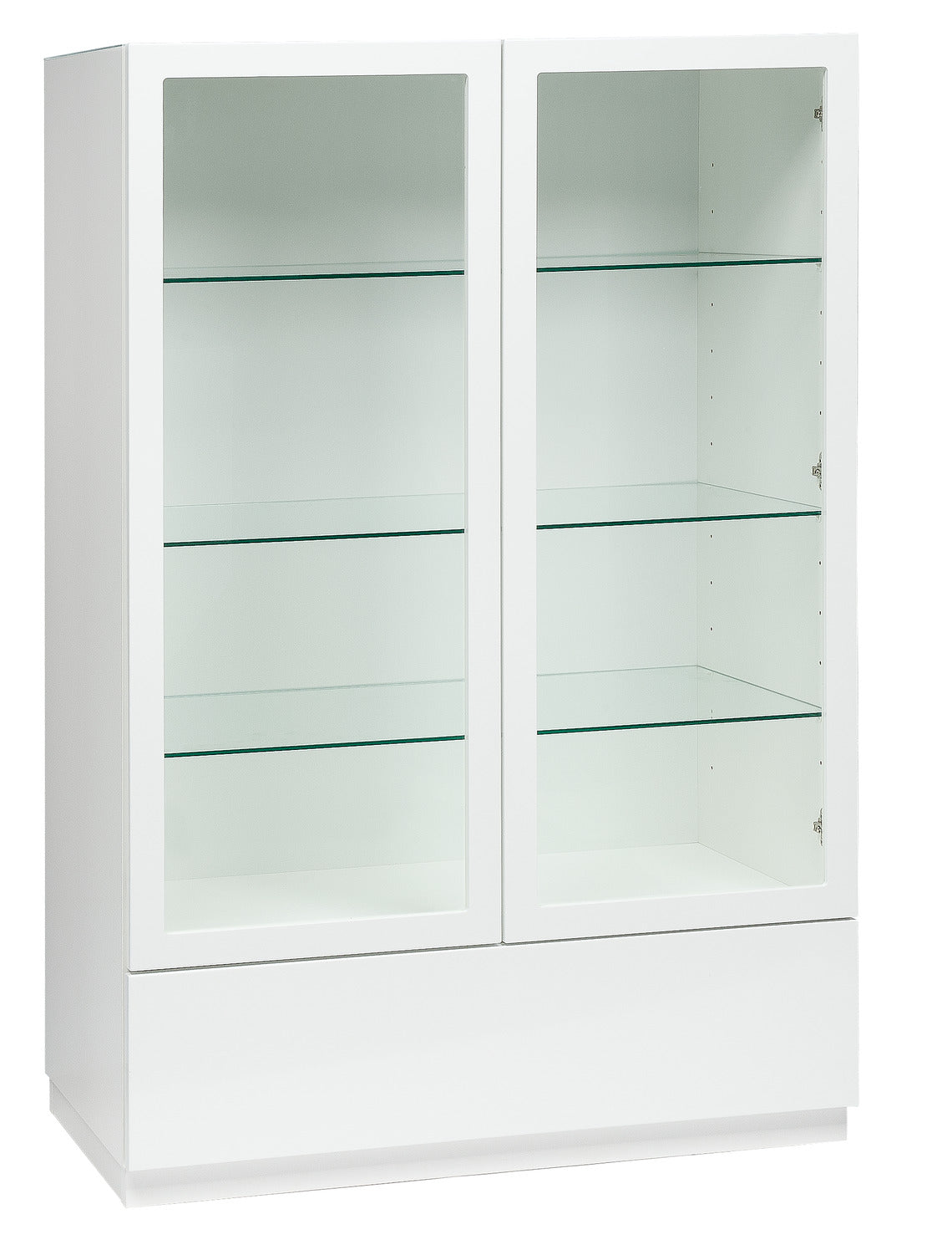 Kuvassa on 92 cm leveä korkeakiiltovalkoinen Lumo-vitriini valkoisella jalkasokkelilla. Sarjan tuotteissa on valkoinen lasikansi.