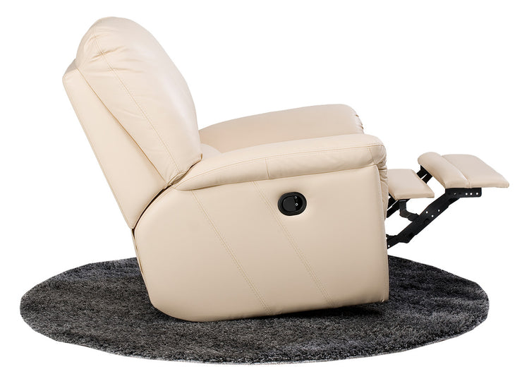 Kuvassa olevaan valkoiseen Soft Antique -nahka/keinonahkaiseen recliner-tuoliin on valittavissa pyörivä/keinuva tai keinuva mekanismi. Kuvassa mekanismi on avattuna. Kuvan matto myydään erikseen.