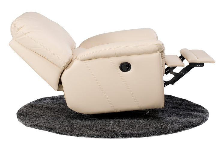 Kuvassa olevaan valkoiseen Soft Antique -nahka/keinonahkaiseen recliner-tuoliin on valittavissa pyörivä/keinuva tai keinuva mekanismi. Kuvassa mekanismi on avattuna. Kuvan matto myydään erikseen.