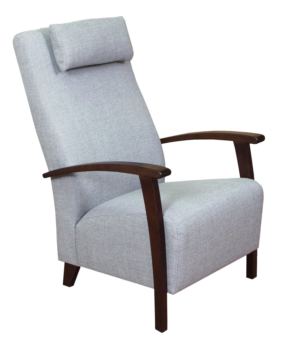 Polo-lepotuoli vaaleanharmaalla verhoilukankaalla ja tumman pähkinänvärisillä puuosilla.