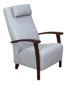 Polo-lepotuoli vaaleanharmaalla verhoilukankaalla ja tumman pähkinänvärisillä puuosilla.