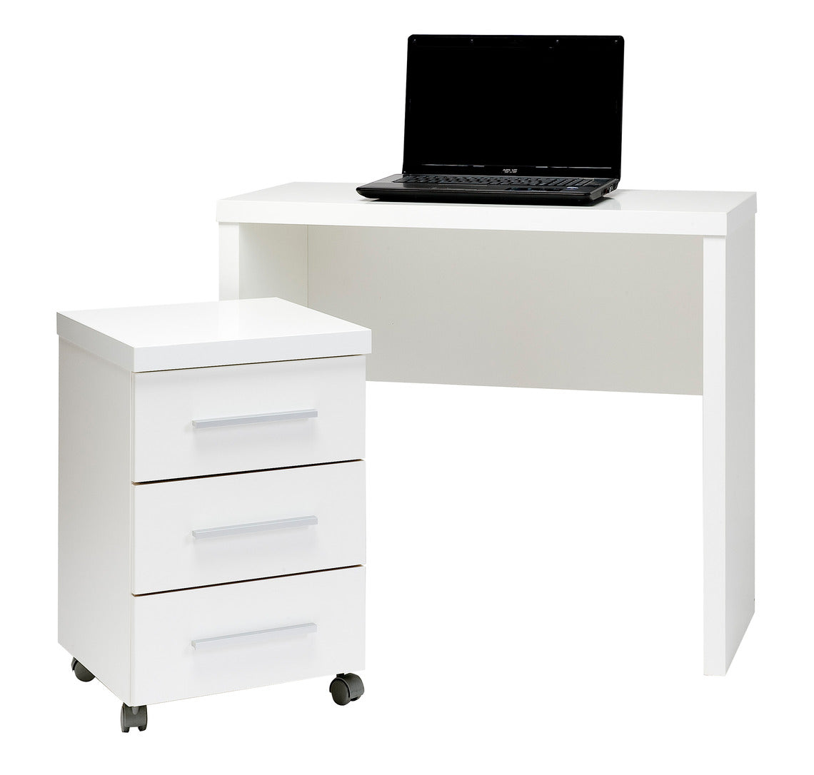 Shape-sarjan kapea työpöytä, sekä laatikosto. Kuvan työpisteen kalusteet ovat valkoisia.