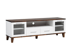 Vuokatti-tv-tason pääväri on valkoinen peilisivuilla ja kansi sekä jalkaosa ovat tumman pähkinänväriset. Kalusteen takaseinässä on läpivienti johtoja varten. Tasossa on pitkänmalliset vetimet ja puujalat.