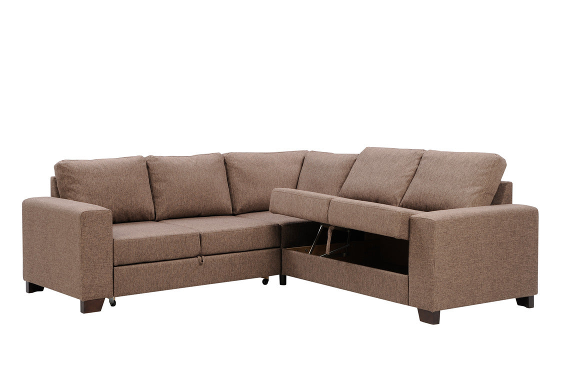 Zico-vuodekulmasohvan toinen sivu on vuodemekanismiosa ja toinen sivu avautuva säilytyslaatikkotila.