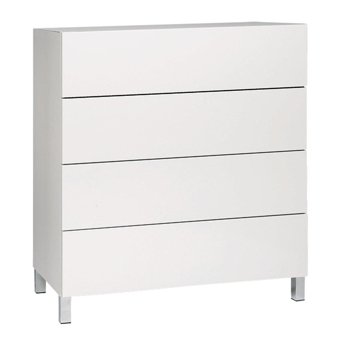 Kuvassa on 92 cm leveä korkeakiiltovalkoinen Lumo-lipasto hopeanvärisillä alumiinijaloilla. Sarjan tuotteissa on valkoinen lasikansi.