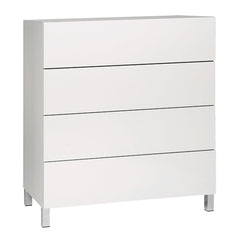 Kuvassa on 92 cm leveä korkeakiiltovalkoinen Lumo-lipasto hopeanvärisillä alumiinijaloilla. Sarjan tuotteissa on valkoinen lasikansi.