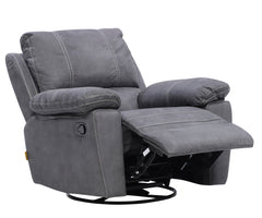 Denver-nojatuolin jalkarahi nousee ylös ja selkänojan saa laskettua taakse. Tässä tuolimallissa on myös pyörintä- ja keinuntamekanismit. Kuvan nojatuolissa on harmaa kangasverhoilu.