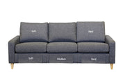 Monika-sohviin voi valita istuin- ja selkätyynyjen täytteen kuvan mukaisista vaihtoehdoista.