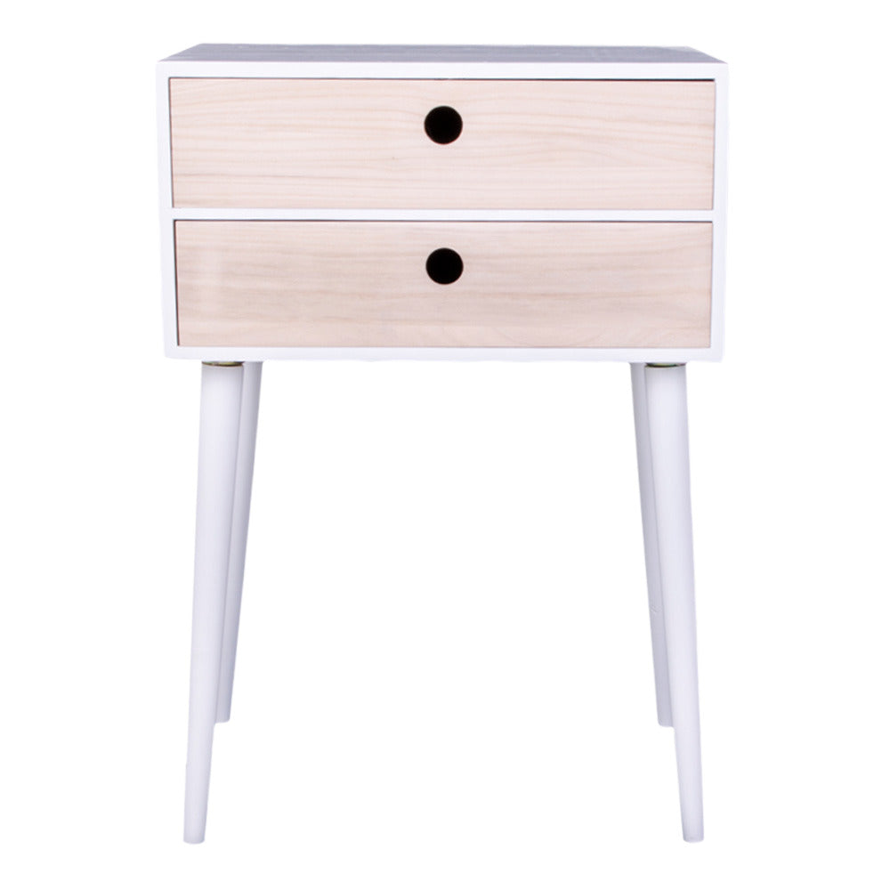 Retrohenkisen valkoisen Bella-yöpöydän moderni väriyhdistelmä. Huom! puu on luonnonmateriaali, jonka väritys ja puunkuviointi voi vaihdella verrattuna kuvaan.