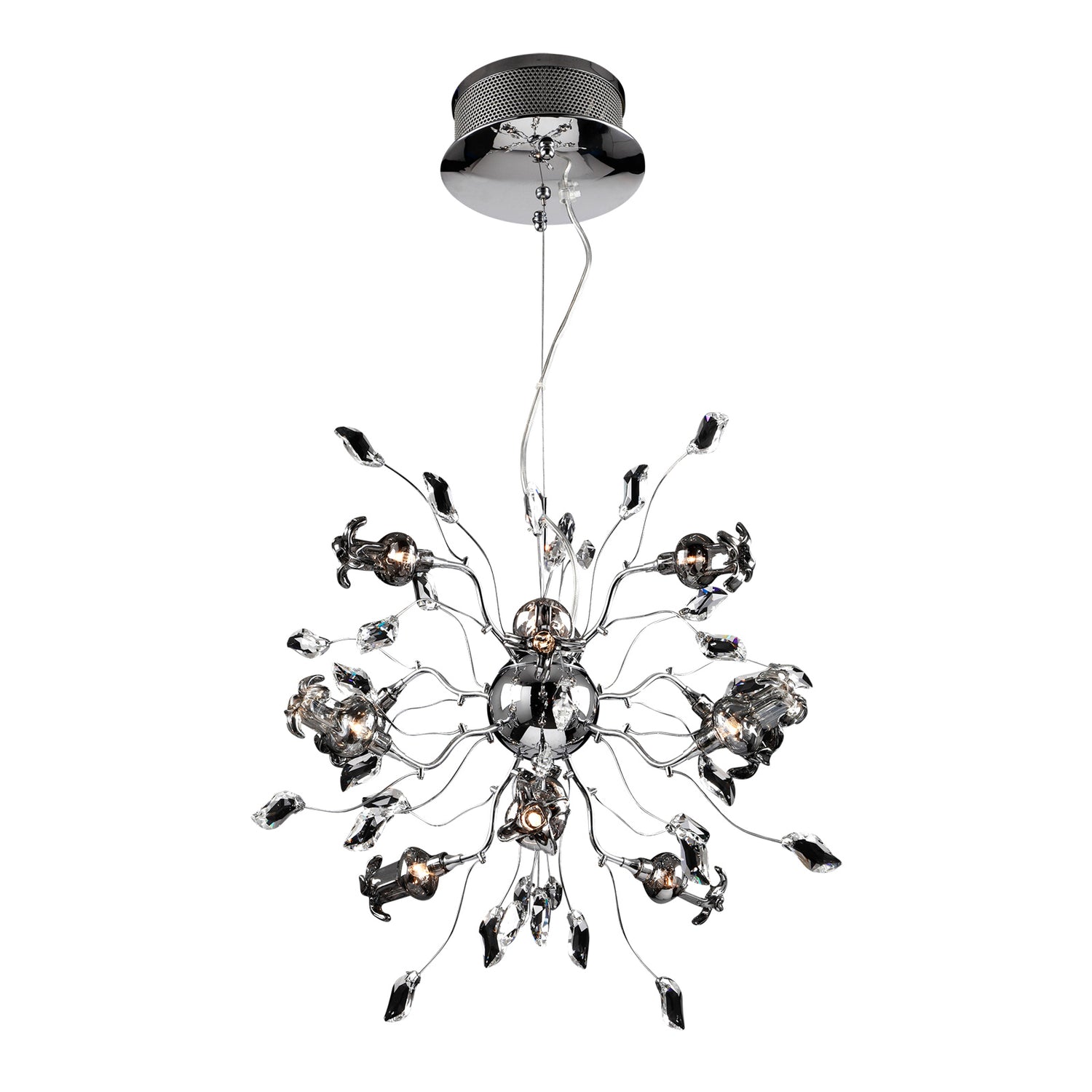 Biella-kristallikruunussa on kauniita kristallikukkia ja kristalliterälehtiä, jotka taittavat valoa.