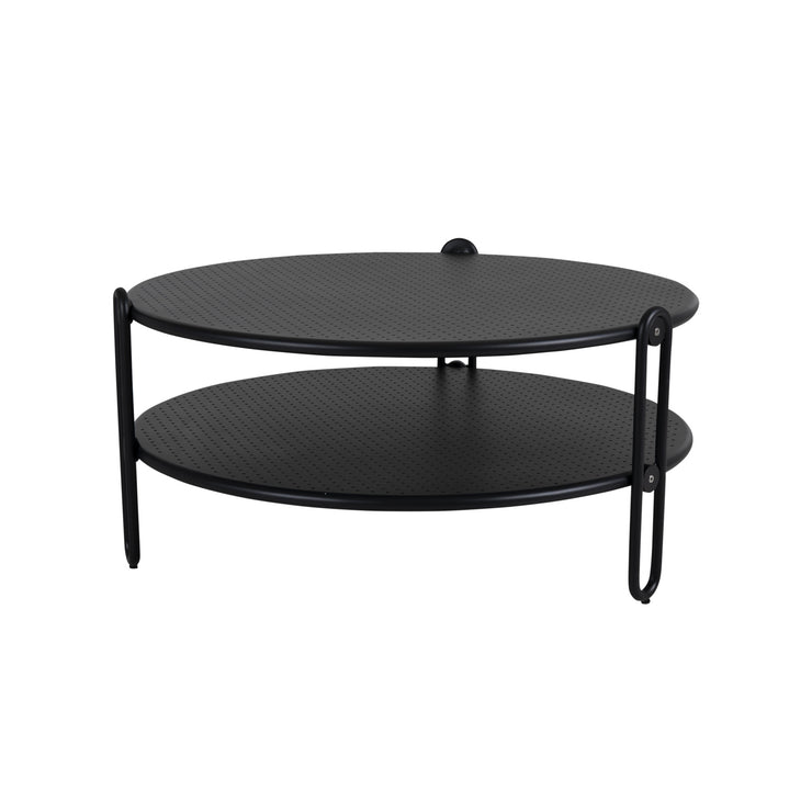 Musta Blixt-sohvapöytä Ø 85 cm on 39 cm korkea. Pöydän kansi ja hylly ovat rei'itettyjä.