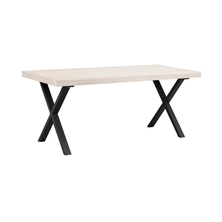 Valkotammenvärinen Brooklyn -ruokapöytä 170 x 95 cm, X-mallisilla mustilla metallijaloilla.