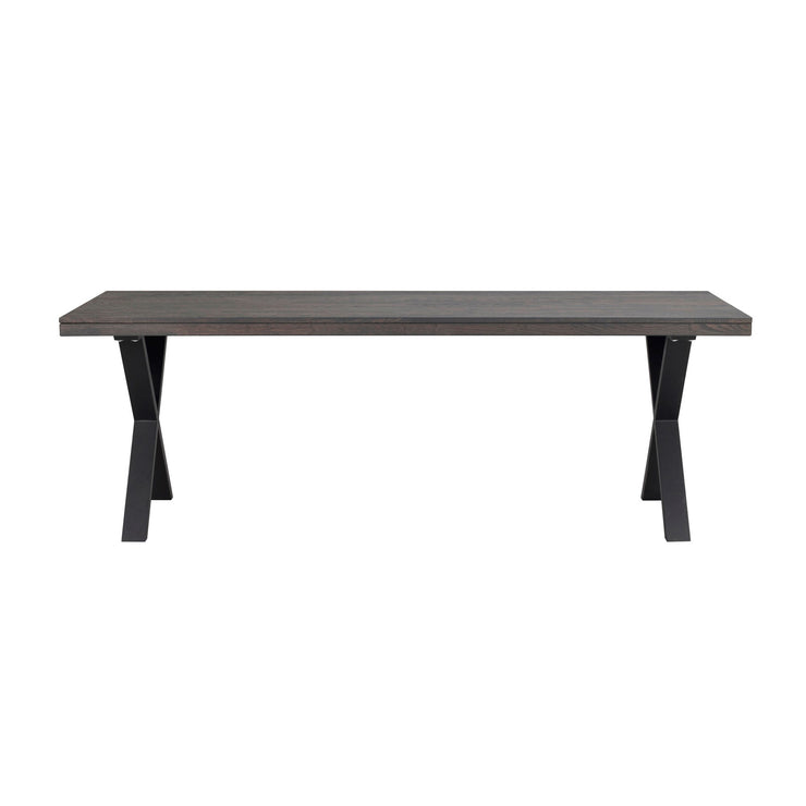 Savutammenvärinen Brooklyn -ruokapöytä 220 x 95 cm, X-mallisilla mustilla metallijaloilla.