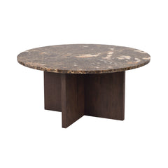 Pähkinänvärinen Brooksville-sohvapöytä aidolla marmorikannella ja pähkinänruskealla jalalla.