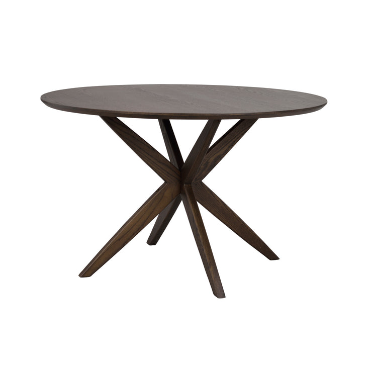 Pyöreä tummanruskea Calverton-ruokapöytä on halkaisijaltaan 120 cm ja pöydässä on ainutlaatuinen design-jalka.