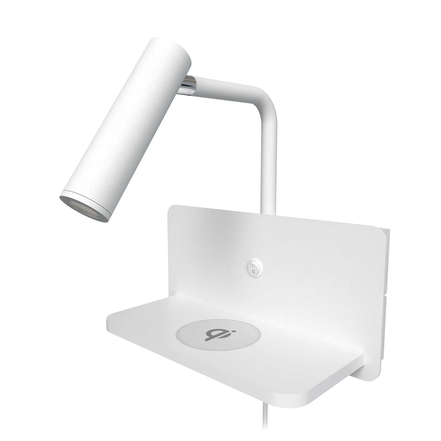 Valkoinen Davos USB-seinävalaisin USB-portilla ja langattomalla latausalustalla.