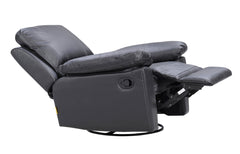 Denver-nojatuolin jalkarahi nousee ylös ja selkänojan saa laskettua taakse. Tässä tuolimallissa on myös pyörintä- ja keinuntamekanismit. Kuvan nojatuolissa on musta nahkaverhoilu.