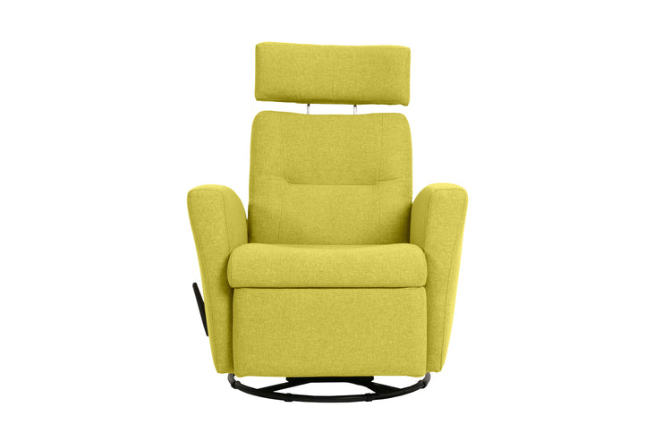 Dexter Slim recliner -lepotuoli limen värisellä 14 -kangasverhoilulla. Dexter Slim -mekanismituolissa on pyörintä- ja keinuntamekanismit, sekä nouseva jalkarahi.
