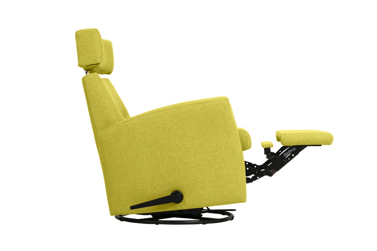 Dexter Slim recliner -lepotuoli limen värisellä 14 -kangasverhoilulla.  Dexter Slim -mekanismituolin selkänojaa ja niskatukea saa säädettyä haluamaansa lepoasentoon.