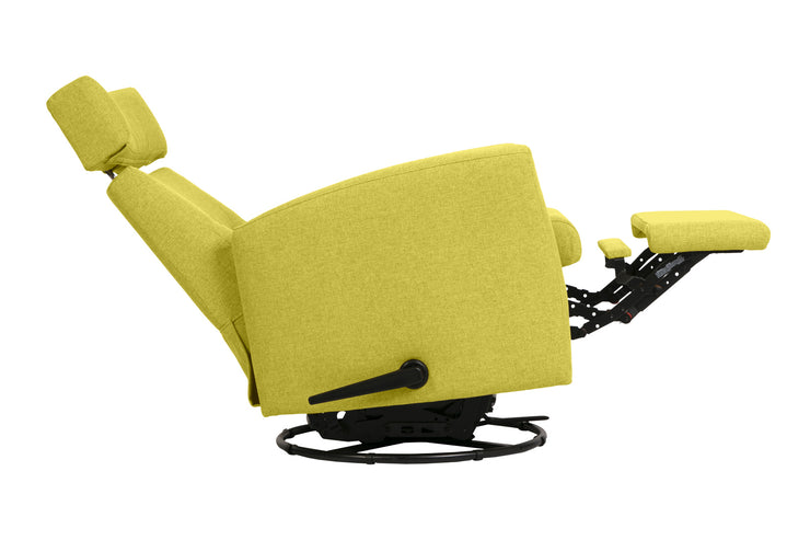 Dexter Slim recliner -lepotuoli limen värisellä 14 -kangasverhoilulla. Dexter Slim -mekanismituolissa on pyörintä- ja keinuntamekanismit, sekä nouseva jalkarahi.