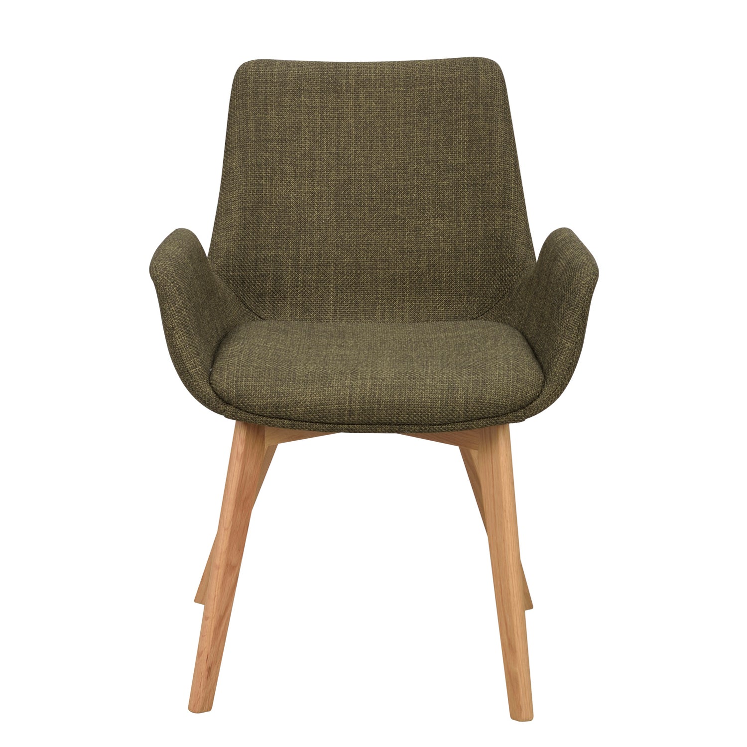Drimsdale-tuoli vihreällä verhoilulla ja tammenvärisillä jaloilla.