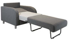 Elina-vuodetuoli harmaalla Sublim 52 -kankaalla ja 10 cm korkeilla metallisilla putkijaloilla. Elina-vuodetuoli palvelee levitettynä kätevänä vierasvuoteena.