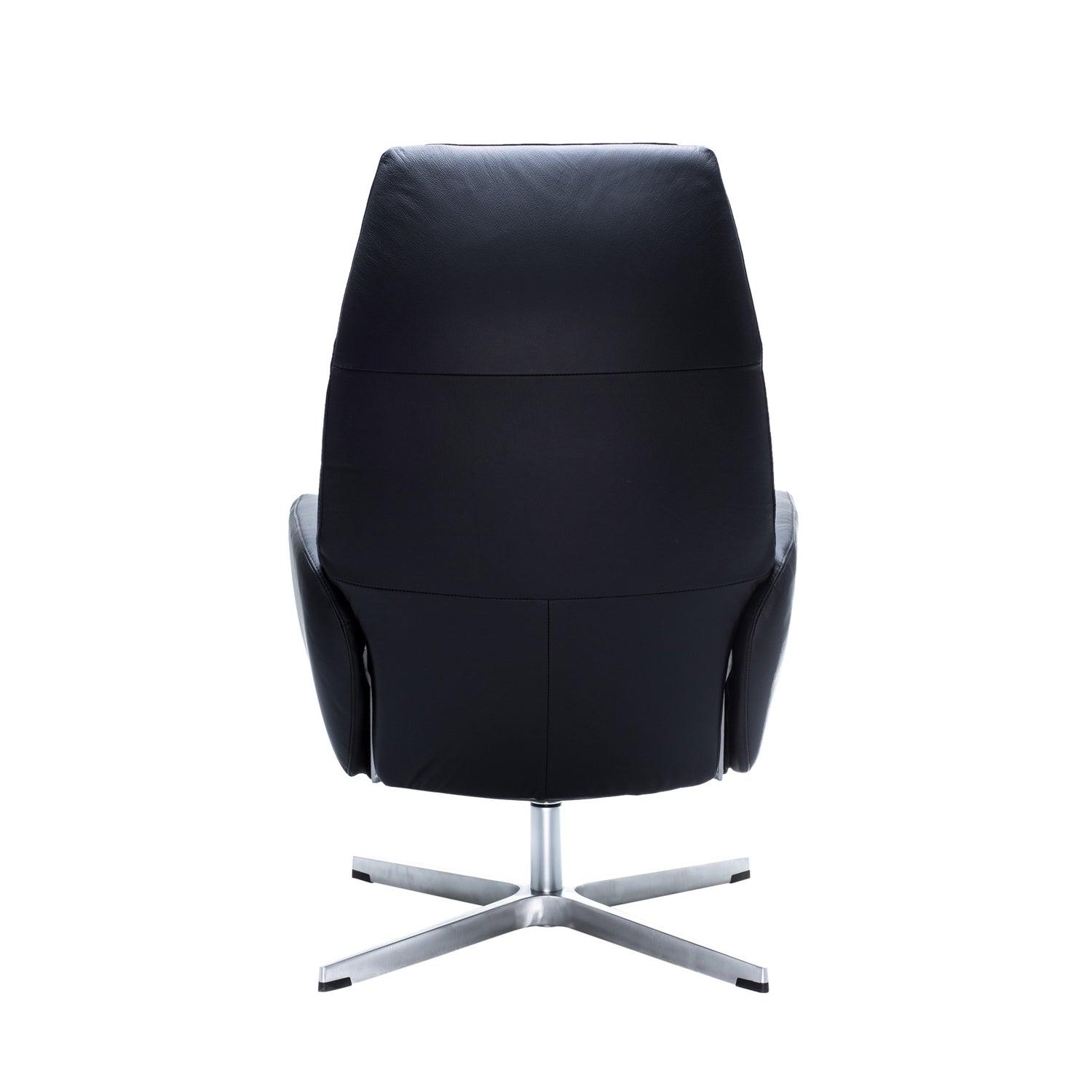 Kuvassa on Kebe Ergo -nojatuoli kuvattuna takaa päin. Kääntyvässä ja kallistuvassa lepotuolissa on musta Balder-nahkaverhoilu ja kromin värinen Vision Crome -jalka.