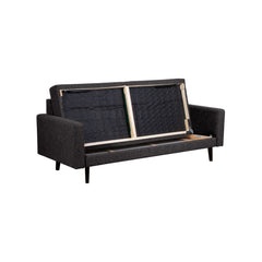 Erin-vuodesohva tummanharmaalla Degas 92 -kangasverhoilulla ja wengen värisillä tammijaloilla. Kuvassa näkyy istuintyynyjen alta avautuva sohvan vuodevaatelaatikko.