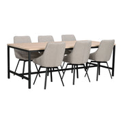 Kuvassa on ruokailuryhmän pöytänä Everett-ruokapöytä valkotammikannella ja ohuilla metallijaloilla. Ruokapöydän tuoleina on erikseen myytävät Alison-tuolit beigen värisellä verhoilulla.