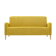 Fanni 3-istuttava sohva okran värisellä Naomi 514 -verhoilukankaalla ja luonnonvärisillä tammijaloilla.
