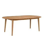 Ovaalin muotoinen jatkettava Filippa-ruokapöytä tammen värisenä. Kuvassa pöytää on jatkettu mukana tulevalla jatkopalalla 40 cm.