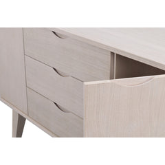 Lähikuva valkotammenvärisestä 122 cm leveästä Filippa-senkistä.