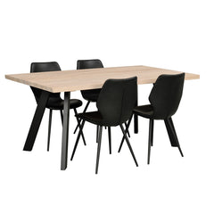 Fred-ruokapöytä 170 x 95 cm valkotammenvärisellä kannella ja mustilla metallijaloilla. Kuvan ruokaryhmässä on erikseen myytävät Rowicon mustat Highrock-tuolit.