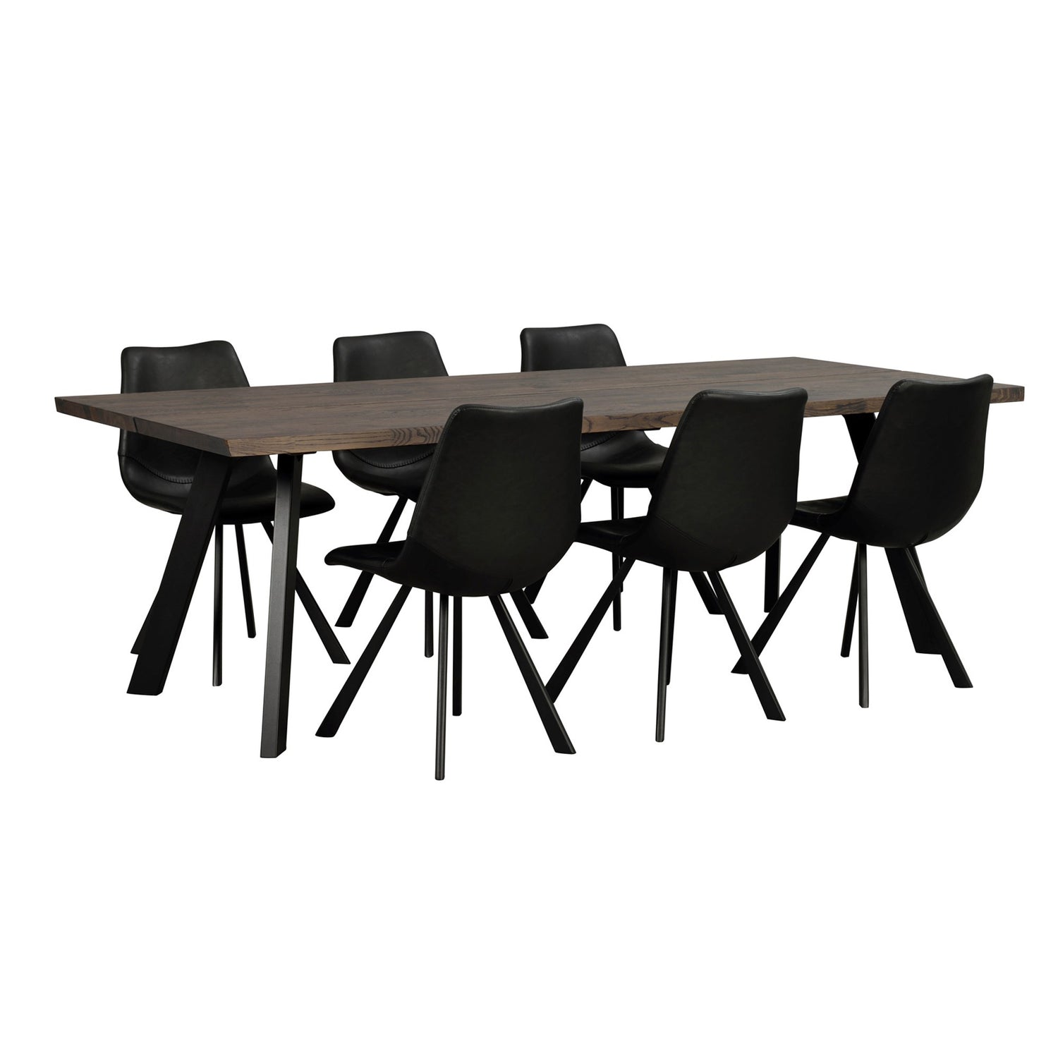 Fred-ruokapöytä 240 x 100 cm savutammenvärisellä kannella ja mustilla metallijaloilla. Kuvan ruokapöytään on yhdistetty Rowicon mustat Auburn -tuolit, jotka myydään erikseen.