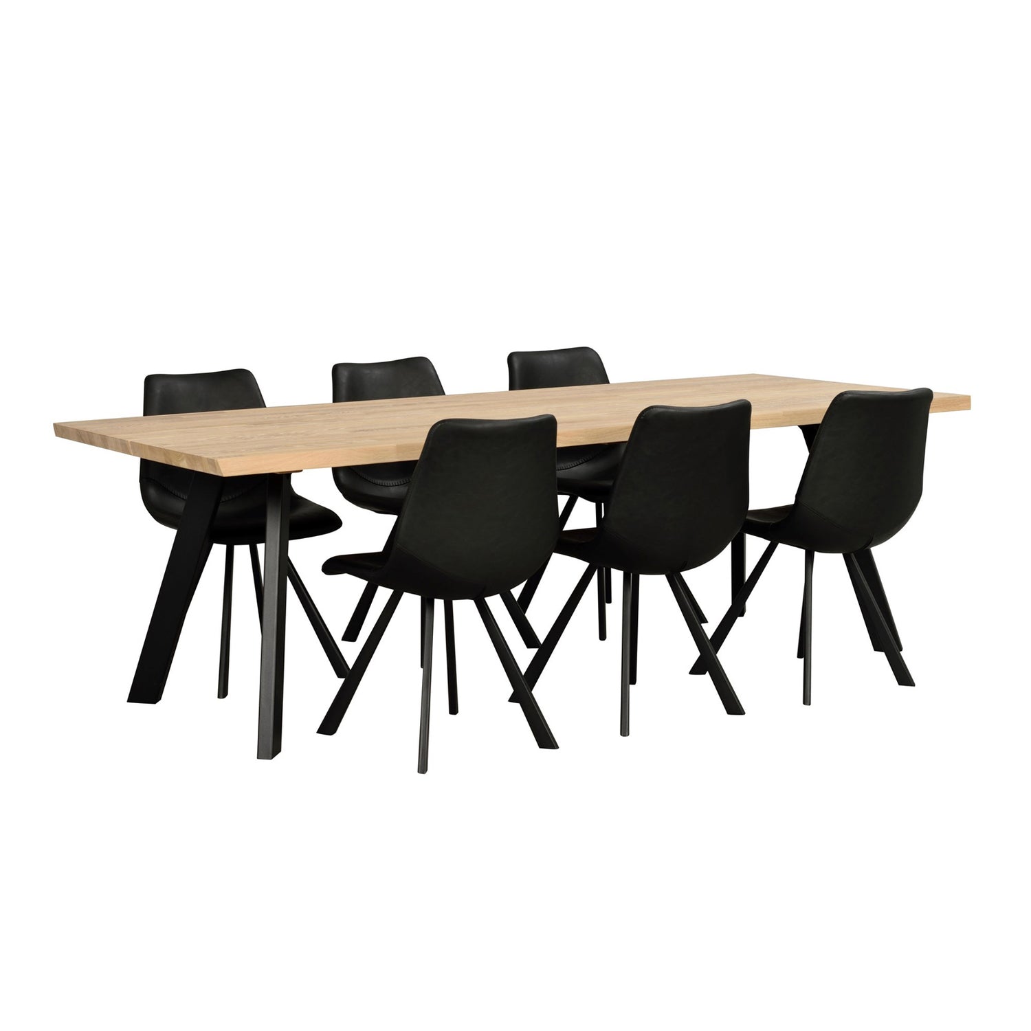 Fred-ruokapöytä 240 x 100 cm valkotammenvärisellä kannella ja mustilla metallijaloilla. Kuvan ruokaryhmään on yhdistetty Rowicon mustat Auburn -tuolit, jotka myydään erikseen.