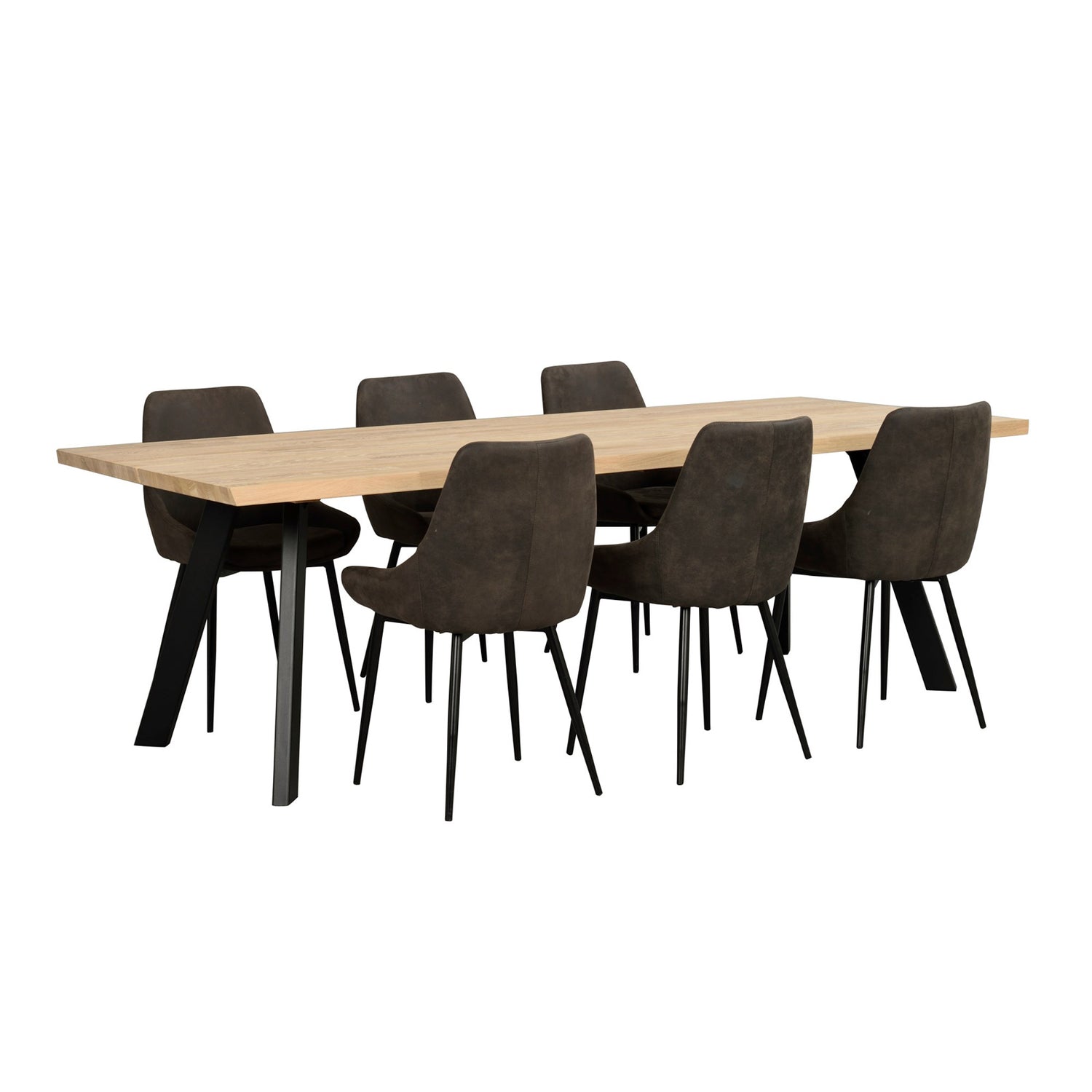 Fred-ruokapöytä 240 x 100 cm valkotammenvärisellä kannella ja mustilla metallijaloilla. Kuvan ruokaryhmään on yhdistetty Rowicon tummanvihreät Sierra tuolit, jotka myydään erikseen.