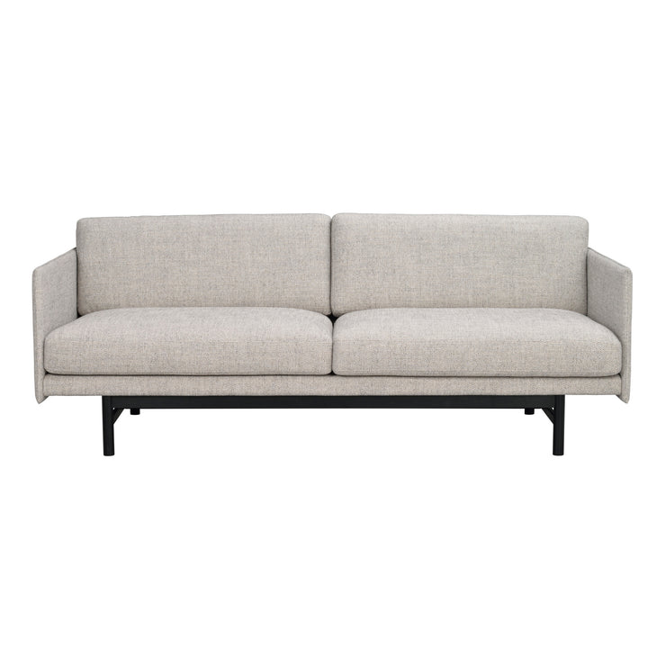 Hammond 3-istuttava sohva harmaalla kangasverhoilulla ja mustaksi lakatulla tammipuisella jalkaosalla.