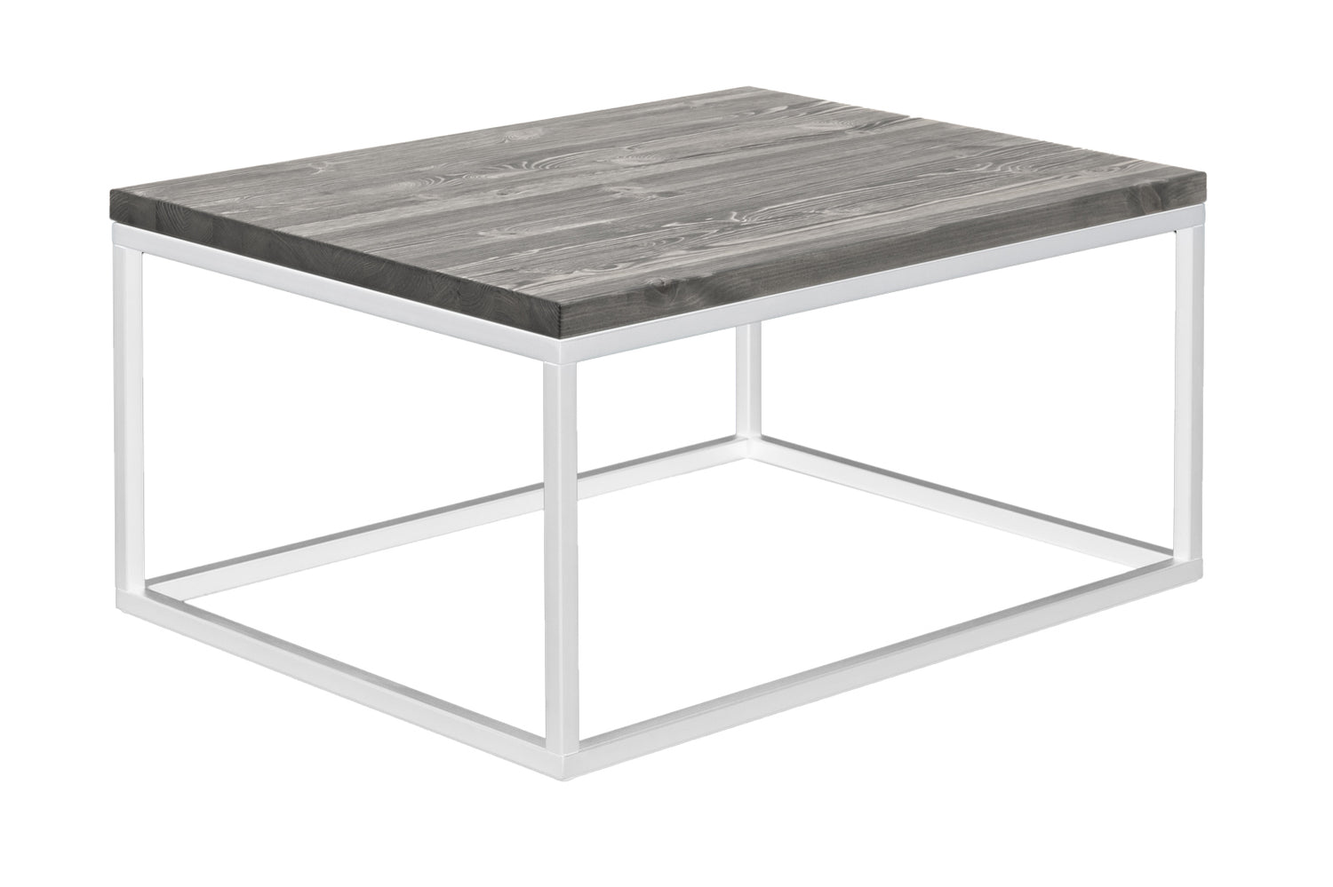 Hanko-sohvapöytä harmaalla mäntykannella ja valkoisella jalkakehikolla.