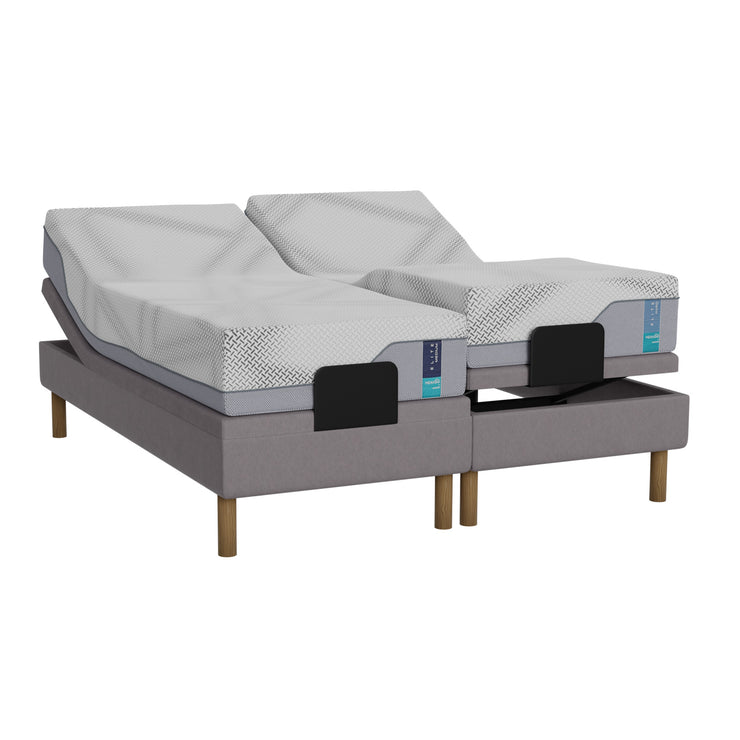 Harmaa Heaven By Unico Elite -moottorisänkypaketti 180 x 200 cm. Pakettiin kuuluu 2 kpl Suomessa valmistettua, portaattomasti säädettävää 90 cm leveää Lounge-moottorisänkyä, 2 kpl 90 x 200 cm Elite Air Feel™ memory foam patjaa sekä pyöreät tammen väriset jalat.