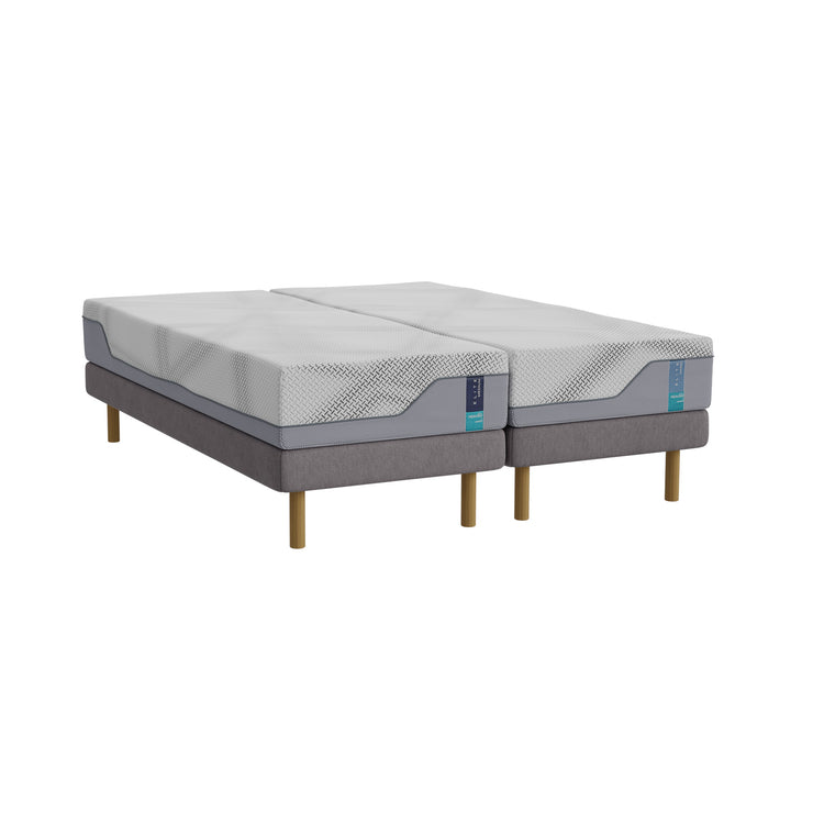 Harmaa Heaven By Unico Elite -runkopatjapaketti 180 x 200 cm. Pakettiin kuuluu 2 kpl tukevaa 90 cm Lounge-runkoa, 2 kpl 90 cm Elite Air Feel™ memory foam -patjaa sekä pyöreät tammen väriset jalat. Kuvassa medium/hard -patjat.