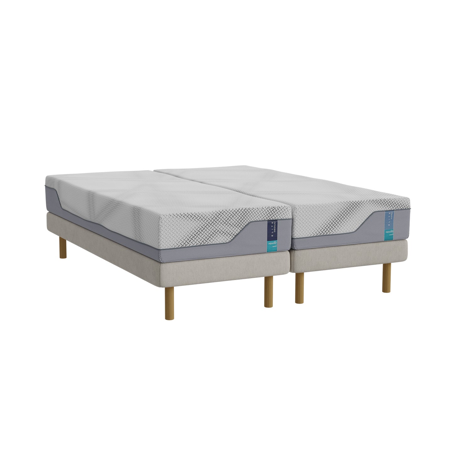 Valkoinen Heaven By Unico Elite -runkopatjapaketti 160 x 200 cm. Pakettiin kuuluu 2 kpl tukevaa 80 cm Avainlippu-merkittyä Lounge-runkoa, 2 kpl 80 cm Elite Air Feel™ memory foam -patjaa sekä pyöreät tammen väriset jalat. Kuvassa medium/hard -patjat.