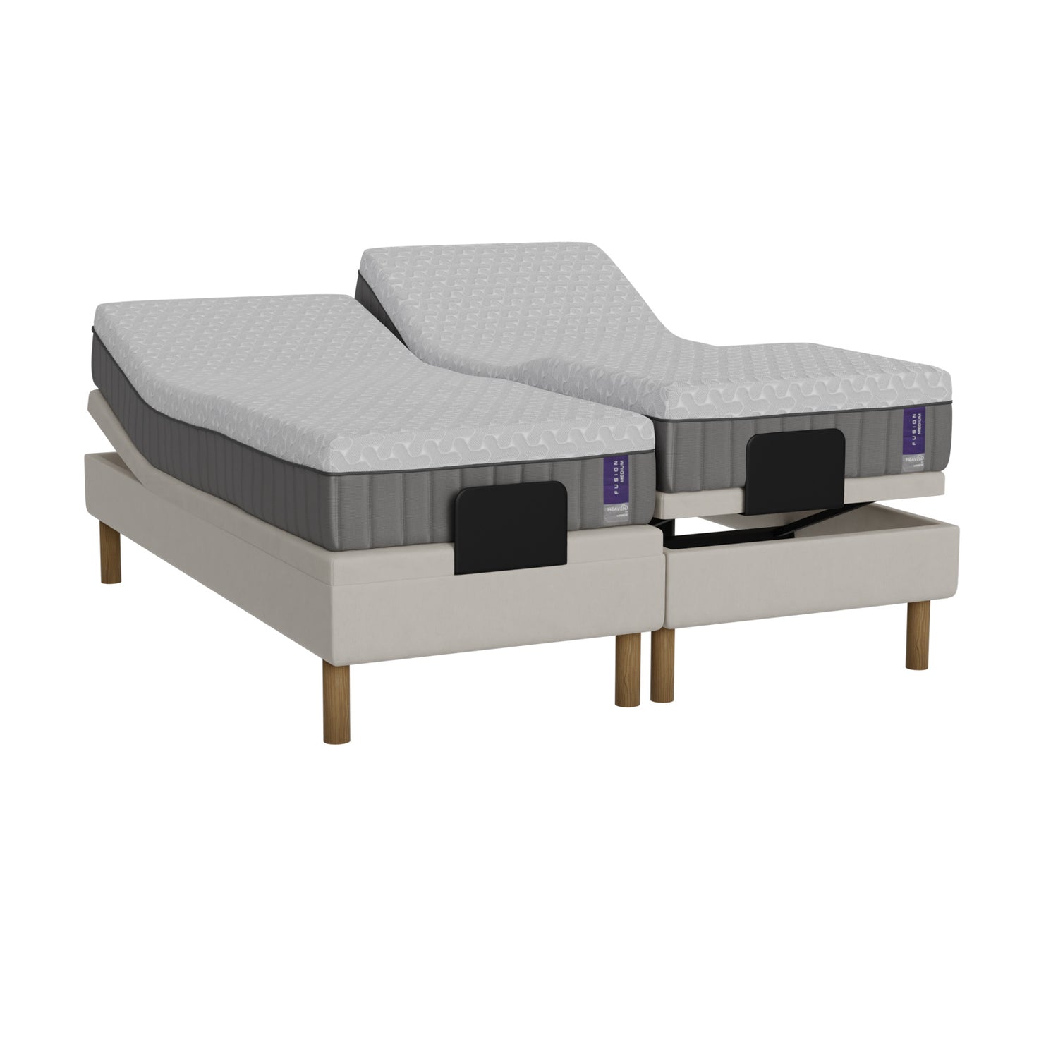 Valkoinen Heaven By Unico Fusion -moottorisänkypaketti. Pakettiin kuuluu 2 kpl Suomessa valmistettua, portaattomasti säädettävää Lounge-moottorisänkyä, 2 kpl Fusion Nano Cool™ -patjaa sekä pyöreät tammen väriset jalat.