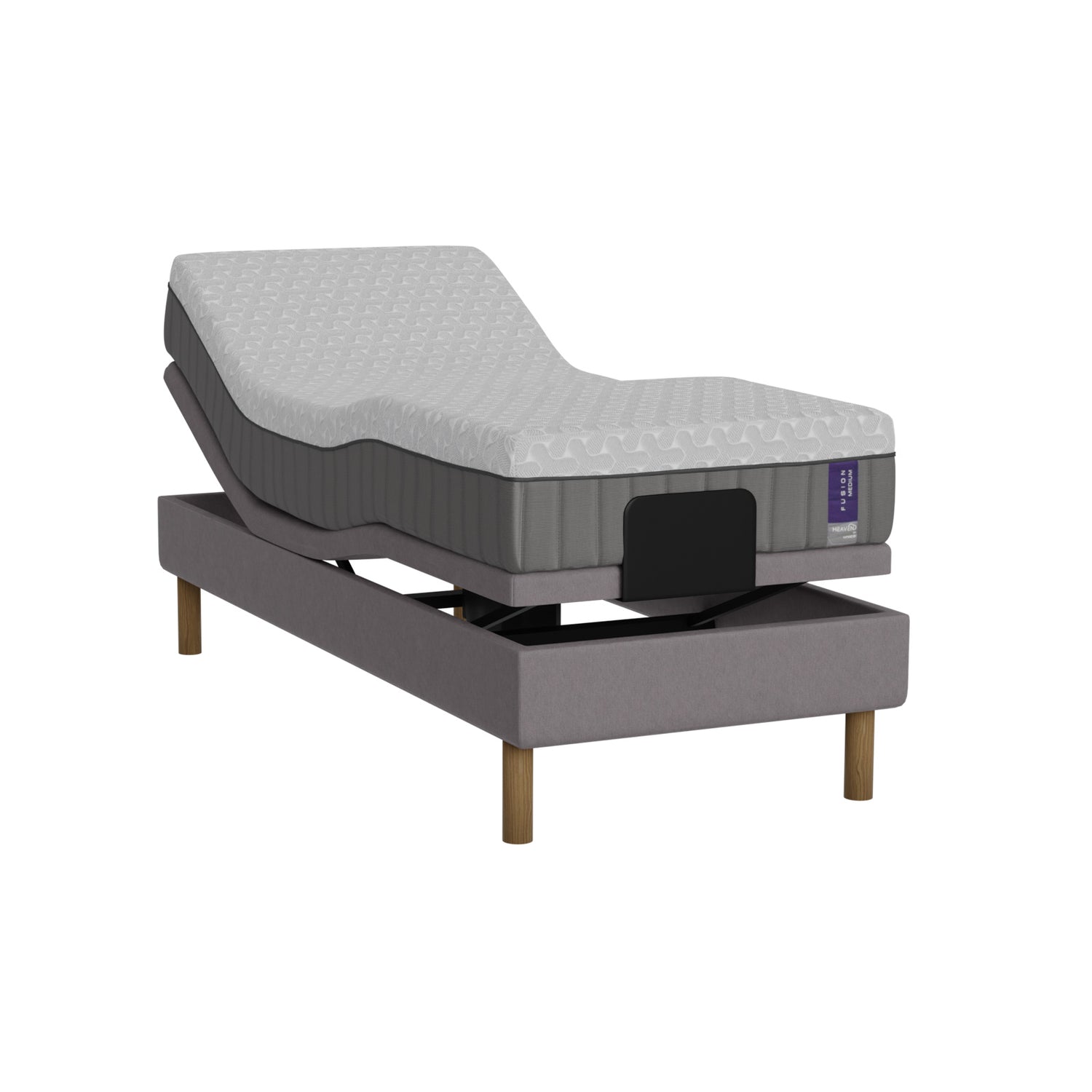 Harmaa Heaven By Unico Fusion -moottorisänkypaketti 90 x 200 cm. Pakettiin kuuluu Suomessa valmistettu, portaattomasti säädettävä 90 cm leveä Lounge-moottorisänky, 90 x 200 cm Fusion Nano Cool™ -patja sekä pyöreät tammen väriset jalat.