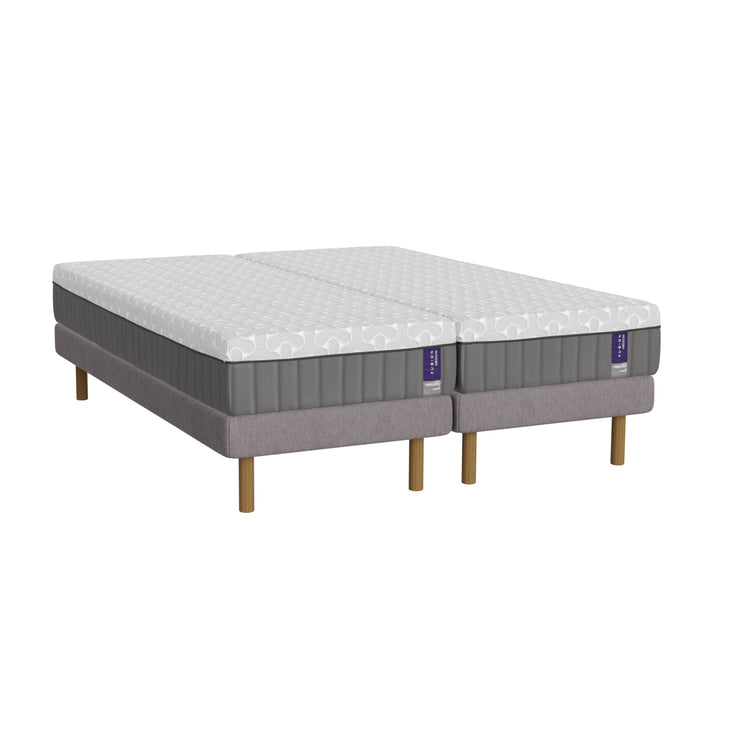 Harmaa Heaven By Unico Fusion -runkopatjapaketti 180 x 200 cm. Pakettiin kuuluu 2 kpl tukevaa 90 cm Lounge-vuoderunkoa, 2 kpl 90 cm Fusion Nano Cool™ memory foam patjaa sekä pyöreät tammen väriset jalat. 