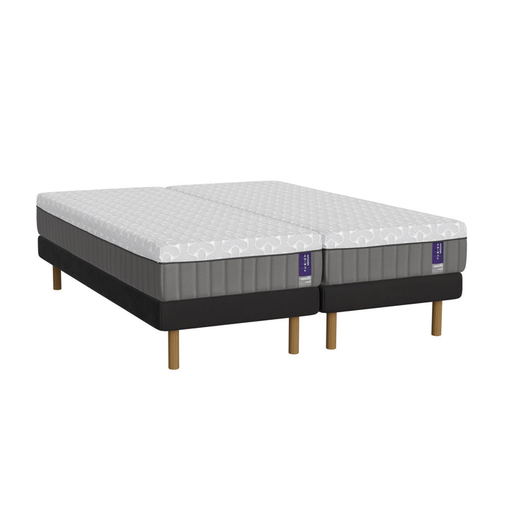 Musta Heaven By Unico Fusion -runkopatjapaketti 180 x 200 cm. Pakettiin kuuluu 2 kpl tukevaa 90 cm Lounge-vuoderunkoa, 2 kpl 90 cm Fusion Nano Cool™ memory foam patjaa sekä pyöreät tammen väriset jalat. 