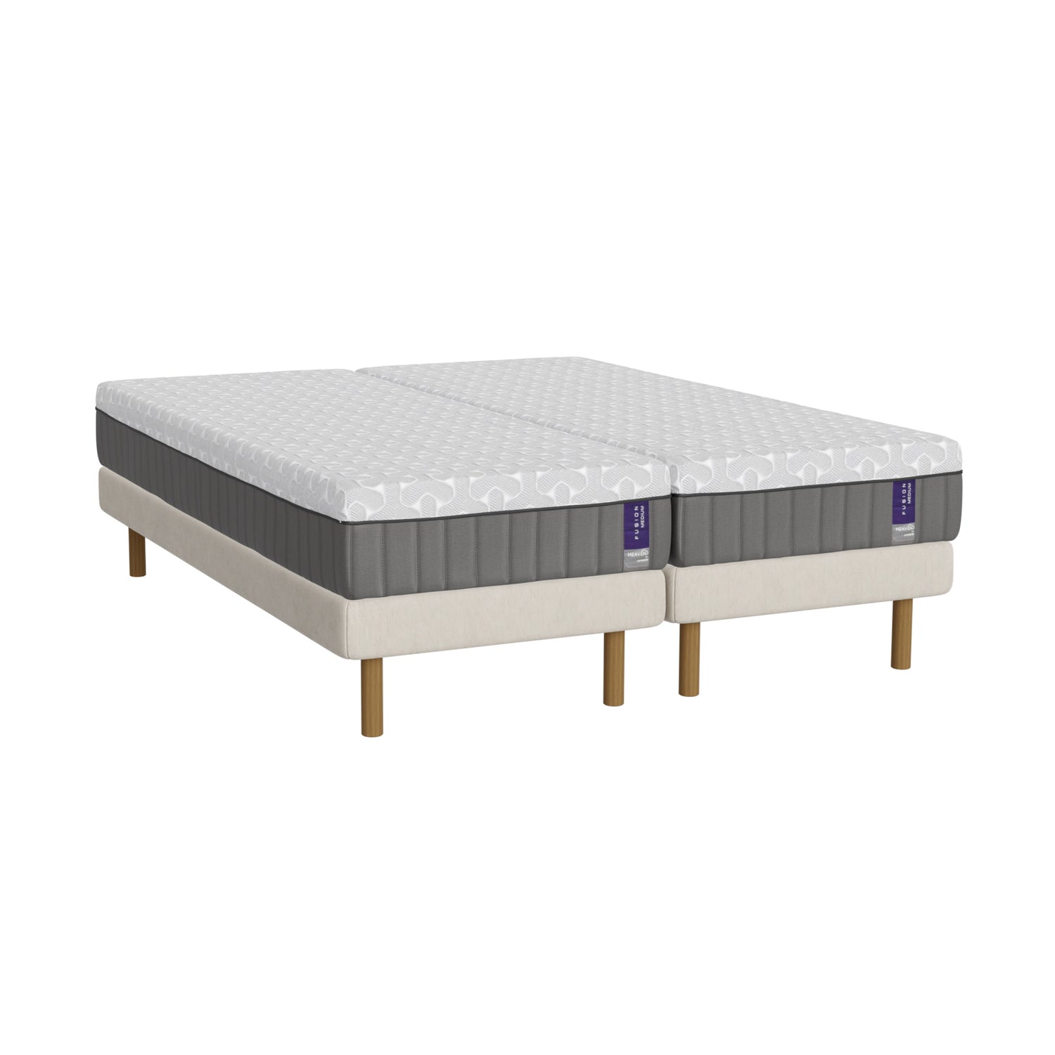 Valkoinen Heaven By Unico Fusion -runkopatjapaketti 180 x 200 cm. Pakettiin kuuluu 2 kpl tukevaa 90 cm Lounge-vuoderunkoa, 2 kpl 90 cm Fusion Nano Cool™ memory foam patjaa sekä pyöreät tammen väriset jalat. 
