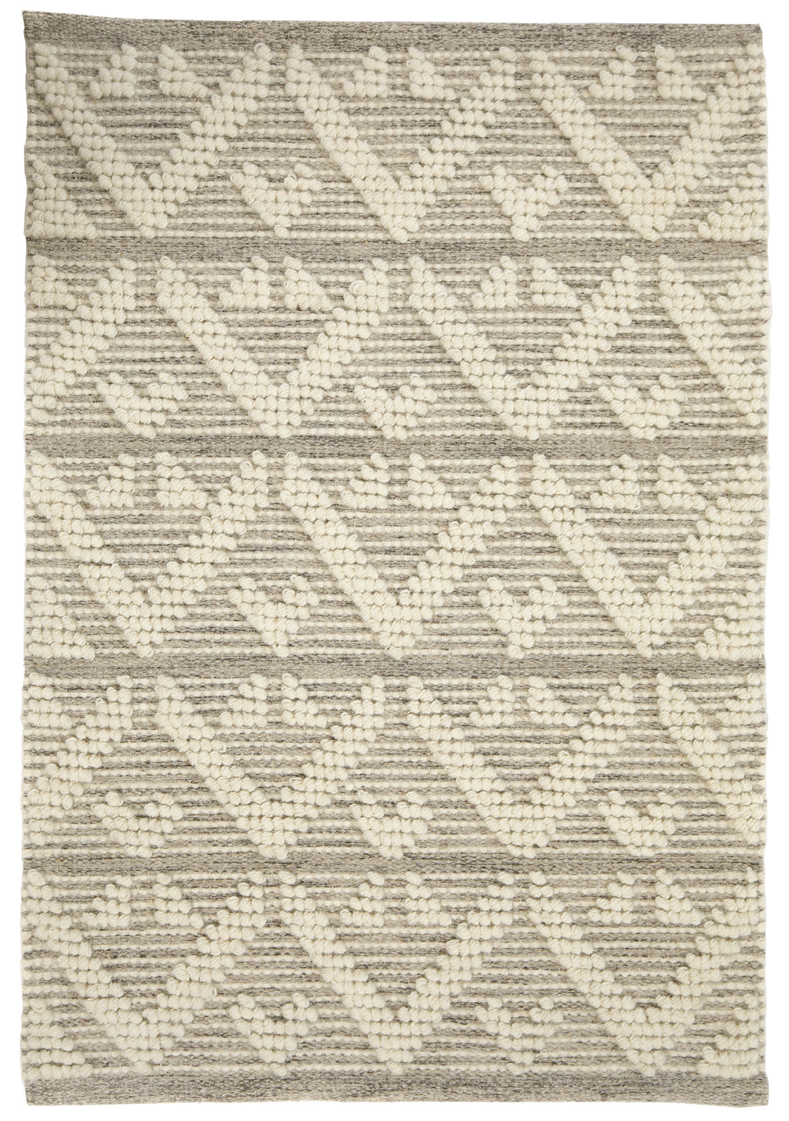 Käsinkudottu Helmi-villamatto vaaleanharmaana.