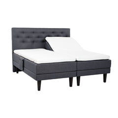 Antrasiitinväriset Hilding Feel Ergo -moottorisängyt 90 x 200 cm hiilenmustilla 23 cm korkeilla Royal -tammijaloilla ja erillisillä Hilding Ergo -sijauspatjoilla. Kuvan Feel -sängynpääty ja tarviketasku myydään erikseen.